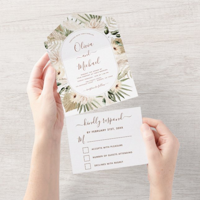 Pampas Grass Bohemian Boho Eucalyptus Wedding RSVP All In One Invitation (Tearaway)