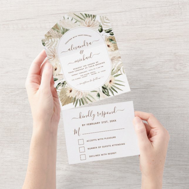 Pampas Grass Bohemian Boho Eucalyptus Wedding RSVP All In One Invitation (Tearaway)