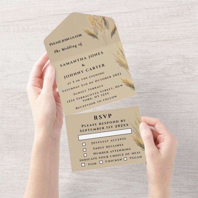 Pampas Grass Bohemian Boho RSVP Fall Elegant All In One Invitation (Tearaway)