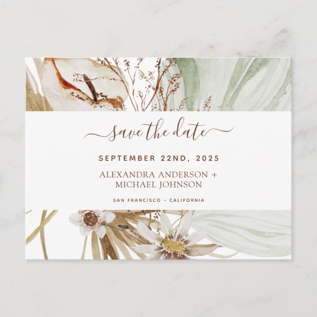 Pampas Grass Bohemian Boho Save the Date Invitatio Postcard (Front)
