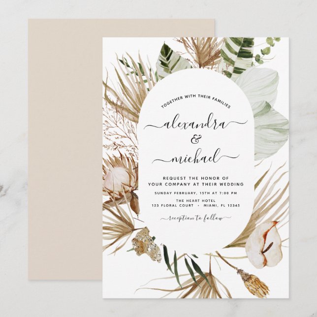 Pampas Grass Bohemian Boho Tropical Wedding Invita Invitation (Front/Back)