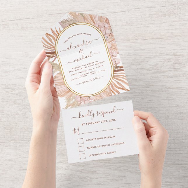 Pampas Grass Bohemian Boho Tropical Wedding RSVP All In One Invitation (Tearaway)