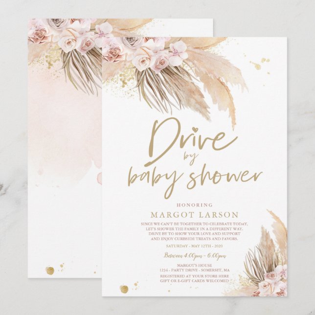 Pampas Grass Bohemian Drive By Baby Shower Invitation (Front/Back)