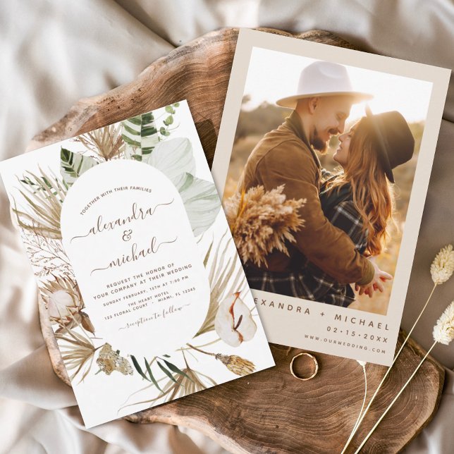Pampas Grass Bohemian Photo Boho Tropical Wedding Invitation (Creator Uploaded)