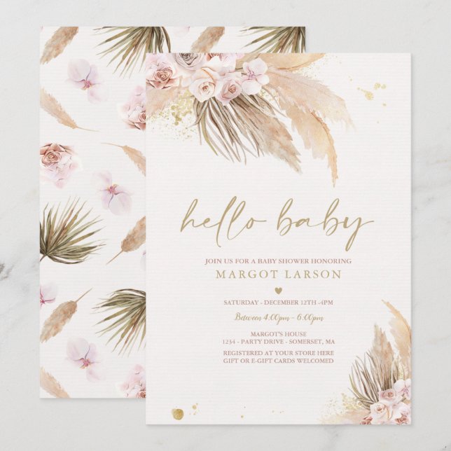Pampas Grass Bohemian Tropical Desert Baby Shower Invitation (Front/Back)