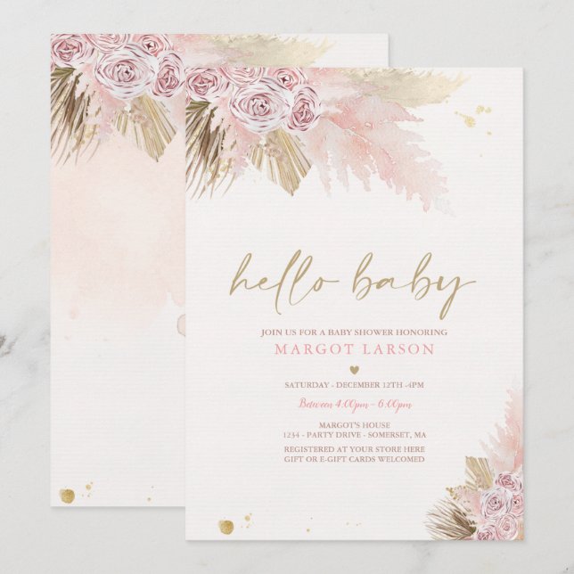 Pampas Grass Bohemian Tropical Girl Baby Shower Invitation (Front/Back)