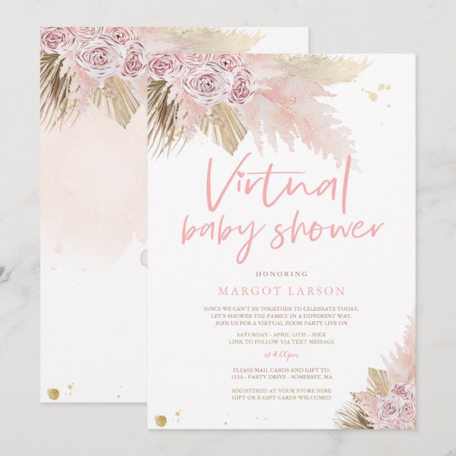 Pampas Grass Bohemian Virtual Zoom Baby Shower Invitation (Front/Back)
