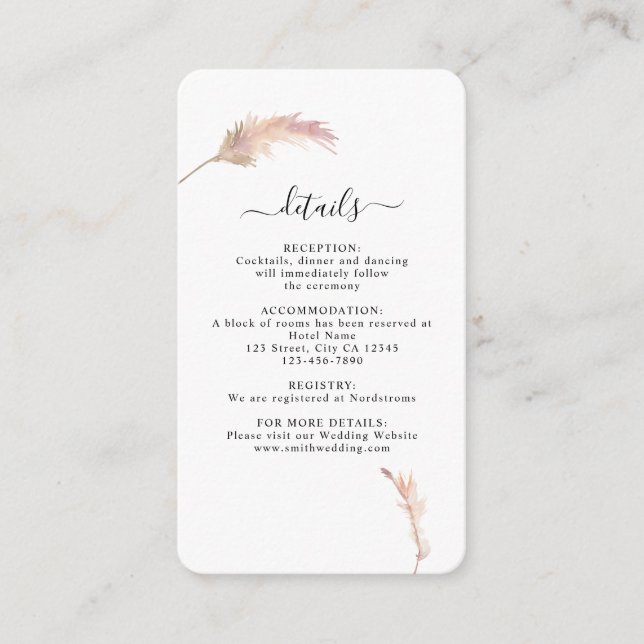 Pampas Grass Bohemian Wedding Details Card (Front)