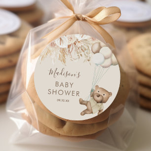 Pampas Grass Boho Bear Baby Shower Classic Round S Classic Round Sticker