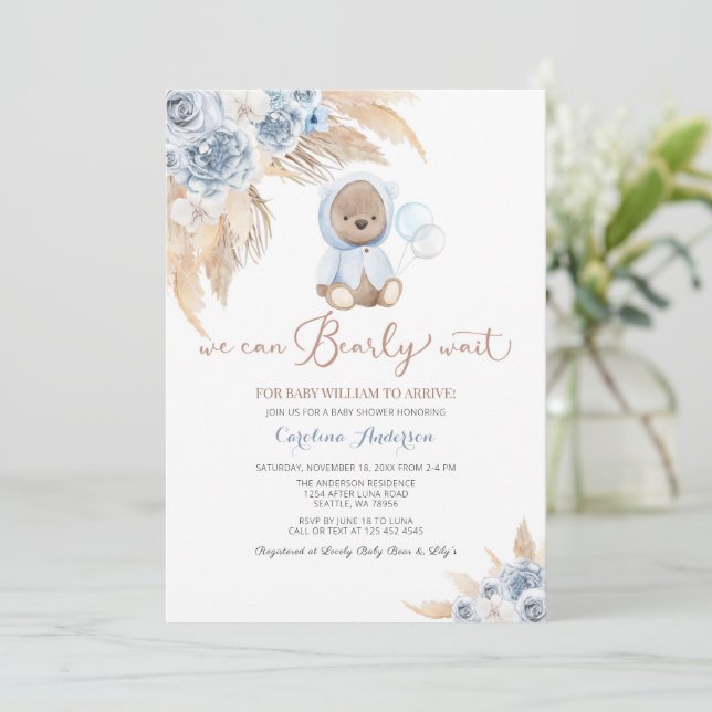 Pampas Grass Boho Bear Baby Shower Invitation  (Standing Front)