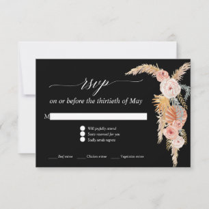 Pampas Grass Boho Blush Floral Roses Black RSVP Card