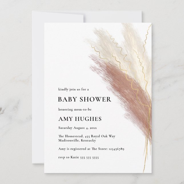 Pampas Grass Boho Blush Pink Gold Baby Shower Invi Invitation (Front)