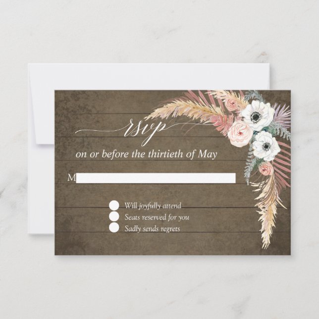 Pampas Grass Boho Blush White Floral Wood RSVP (Front)