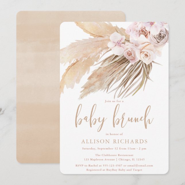Pampas grass boho bohemian desert baby brunch invitation (Front/Back)
