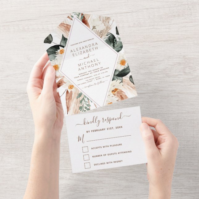Pampas Grass Boho Bohemian Eucalyptus Wedding All In One Invitation (Tearaway)