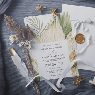 Pampas Grass Boho Bouquet Chic QR Code Wedding Invitation