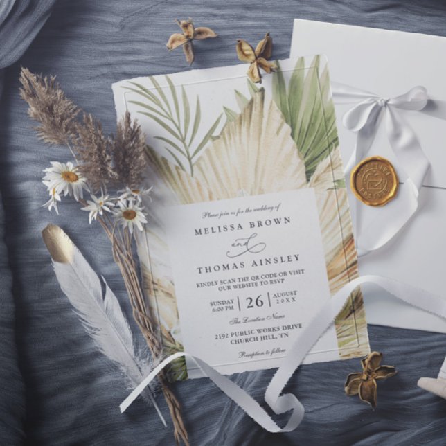 Pampas Grass Boho Bouquet Chic QR Code Wedding Invitation (Creator Uploaded)