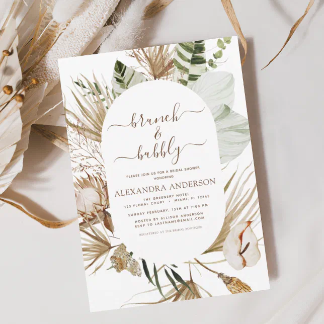 Pampas Grass Boho Brunch & Bubbly Bridal Shower In Invitation | Zazzle