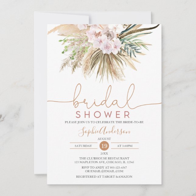 Pampas Grass Boho Chic Bridal Shower Invitation (Front)