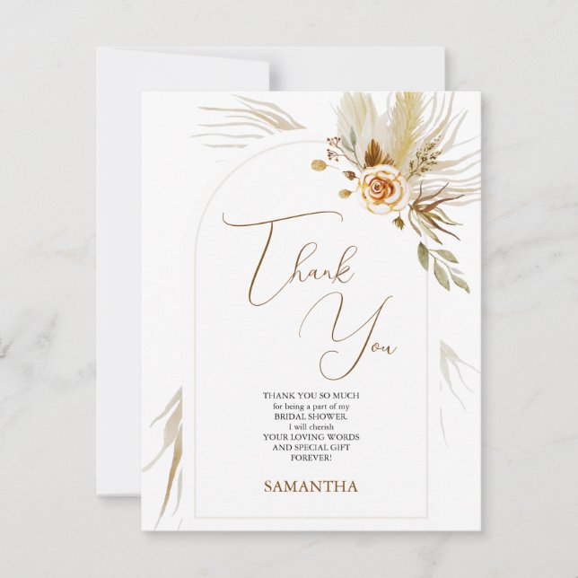 Pampas grass boho elegant bridal shower thank you card (Front)