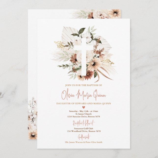 Pampas Grass Boho Fall Pumpkin Baptism Christening Invitation (Front/Back)