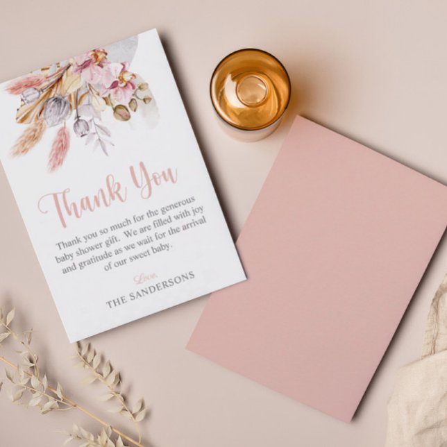 Pampas Grass Boho Floral Blush Pink Baby Shower Thank You Card (Creator Uploaded)