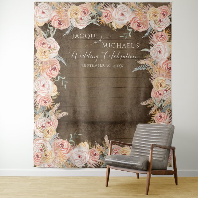 Pampas Grass Boho Floral Blush Rustic Wood Wedding Tapestry (In Situ)