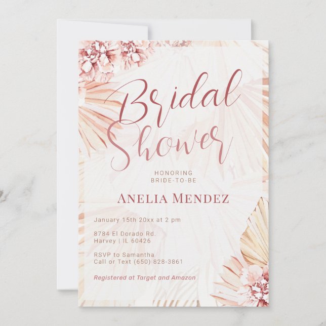 Pampas Grass Boho Floral Bridal Shower Bohemian Invitation (Front)