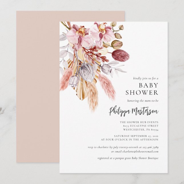 Pampas Grass Boho Floral Girl Baby Shower Invitation (Front/Back)