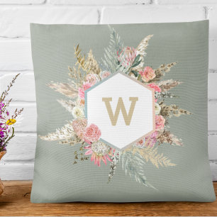 Pampas Grass Boho Floral Monogram Frame  Cushion