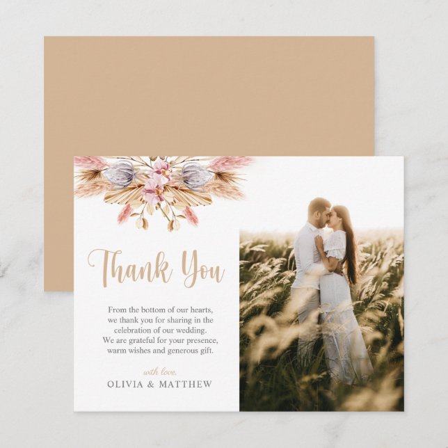 Pampas Grass Boho Floral Photo Wedding Thank You Card (Front/Back)