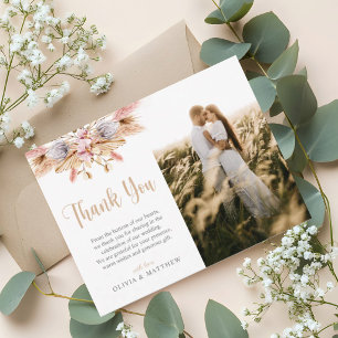 Pampas Grass Boho Floral Photo Wedding Thank You Card