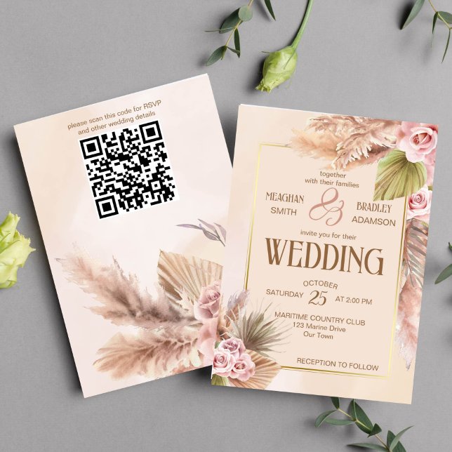 Pampas grass boho flowers fall wedding invitation (Boho pampas grass cream roses beige wedding template invitation instant download )