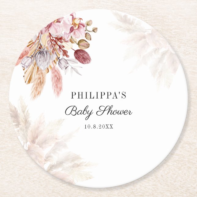 Pampas Grass Boho Girl Baby Shower Round Paper Coaster (Front)