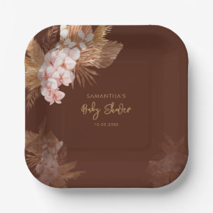 Pampas Grass Boho Pink Floral Baby Shower Paper Plate