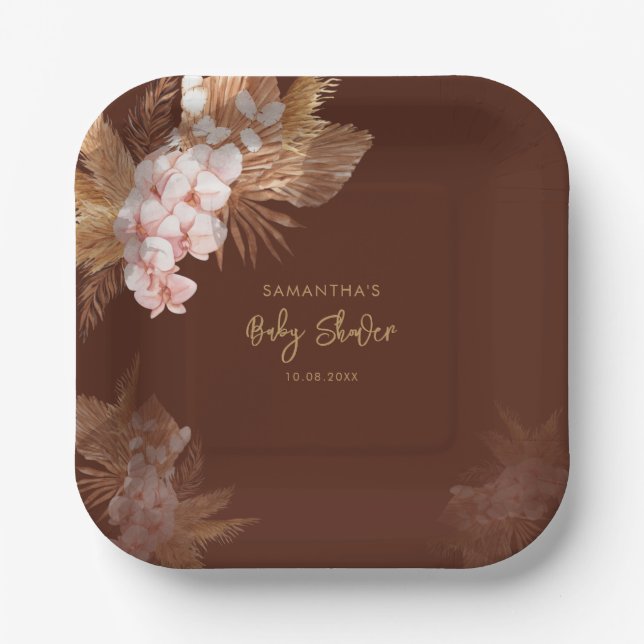 Pampas Grass Boho Pink Floral Baby Shower Paper Plate (Front)