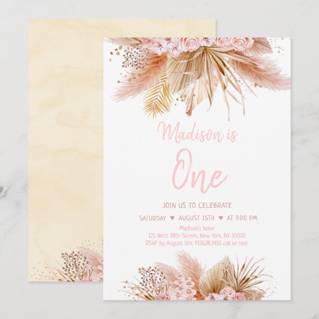 Pampas Grass Boho Pink Floral Girl Birthday Invitation (Front/Back)