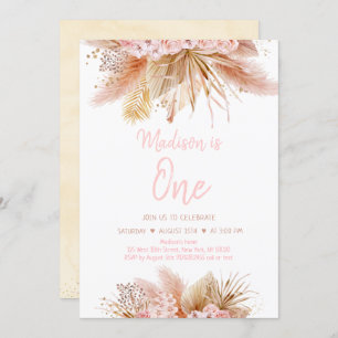 Pampas Grass Boho Pink Floral Girl Birthday Invitation