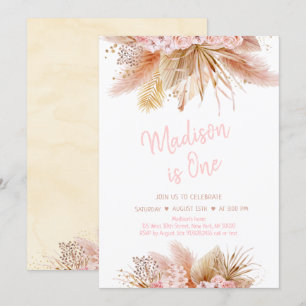 Pampas Grass Boho Pink Floral Girl Birthday Invitation