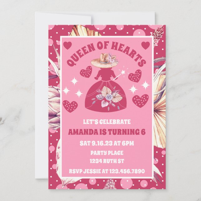 Pampas Grass Boho Pink Queen Of Hearts Birthday Invitation (Front)