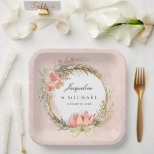 Pampas Grass Boho Pink Rose Floral Wreath Bridal Paper Plate