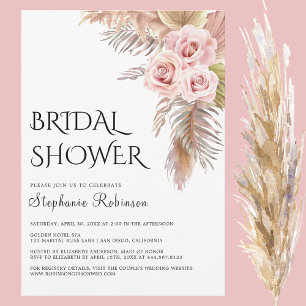 Pampas Grass Boho Rose Floral Bridal Shower Invitation