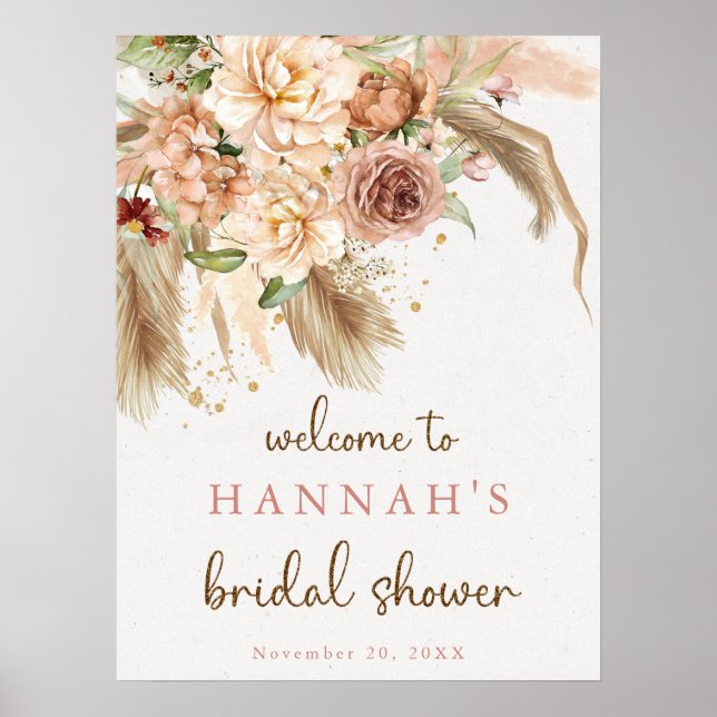 Pampas grass boho roses bridal shower welcome sign (Front)