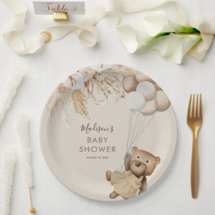 Pampas Grass Boho Teddy Bear Baby Shower Paper Plate