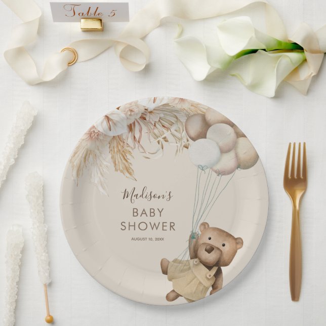 Pampas Grass Boho Teddy Bear Baby Shower Paper Plate (Wedding)