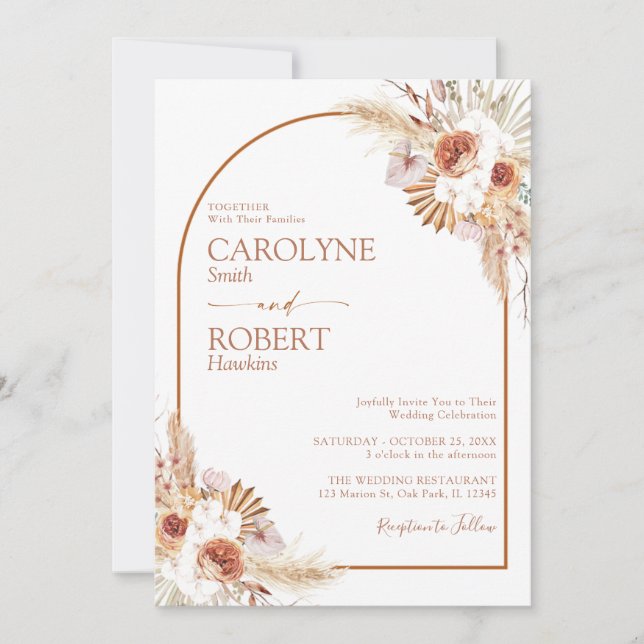 Pampas Grass Boho Terracotta All In One Wedding Invitation (Front)