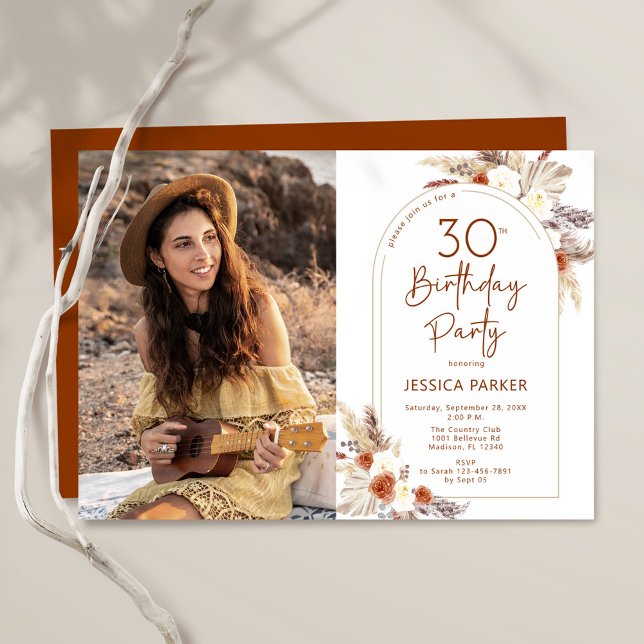 Pampas Grass Boho Terracotta Photo 30th Birthday Invitation (Creator Uploaded)