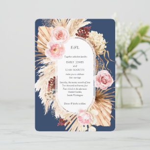 Pampas Grass Boho watercolor Navy Pink wedding Invitation