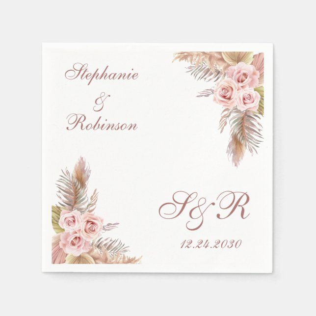 Pampas Grass Boho Wedding Cocktail Paper Napkin (Front)