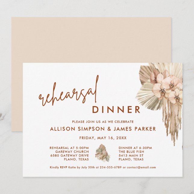 Pampas Grass Boho Wedding Rehearsal Dinner Invitation (Front/Back)